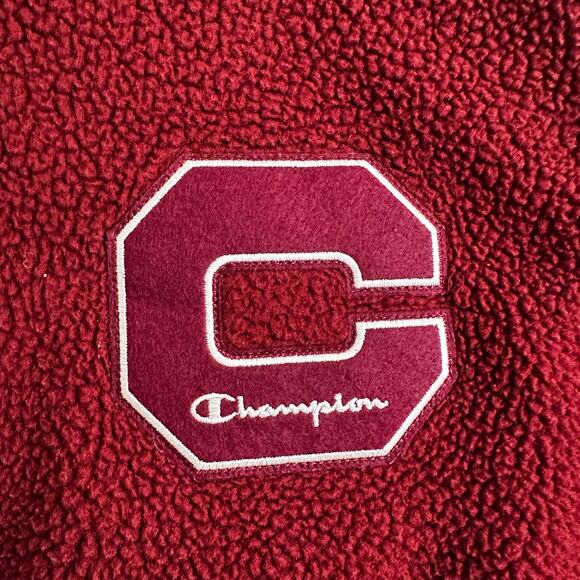CHAMPION Men Full Zip Letterman Varsity Sherpa Bomber Jacket Burgundy Streetwear - Picture 9 of 13